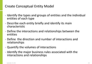 Create Conceptual Entity Model
• Identify the types and groups of entities and the individual
entities of each type
• Describe each entity briefly and identify its main
characteristic
• Define the interactions and relationships between the
entities
• Define the direction and number of interactions and
relationships
• Quantify the volumes of interactions
• Identify the major business rules associated with the
interactions and relationships
September 24, 2018 145
 