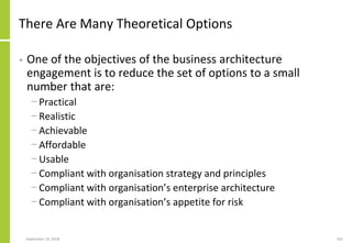 There Are Many Theoretical Options
• One of the objectives of the business architecture
engagement is to reduce the set of options to a small
number that are:
− Practical
− Realistic
− Achievable
− Affordable
− Usable
− Compliant with organisation strategy and principles
− Compliant with organisation’s enterprise architecture
− Compliant with organisation’s appetite for risk
September 24, 2018 161
 