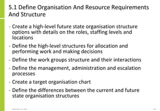 5.1 Define Organisation And Resource Requirements
And Structure
• Create a high-level future state organisation structure
options with details on the roles, staffing levels and
locations
• Define the high-level structures for allocation and
performing work and making decisions
• Define the work groups structure and their interactions
• Define the management, administration and escalation
processes
• Create a target organisation chart
• Define the differences between the current and future
state organisation structures
September 24, 2018 198
 