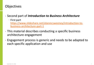 Objectives
• Second part of Introduction to Business Architecture
− First part
https://www.slideshare.net/alanmcsweeney/introduction-to-
business-architecture-part-1
• This material describes conducting a specific business
architecture engagement
• Engagement process is generic and needs to be adapted to
each specific application and use
September 24, 2018 2
 