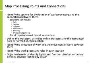 Map Processing Points And Connections
• Identify the options for the location of work processing and the
connections between them
− Locations can include:
• Sales
• Service
• Support
• Warehouse
• Delivery
• Outsourced partners
− Not all organisations will have all location types
• Define the processes, activities within processes and the associated
data performed at each location
• Identify the allocation of work and the movement of work between
them
• Identify the work processing roles in each location
• Objective here is to identify logical and function distribution before
defining physical technology design
September 24, 2018 205
 