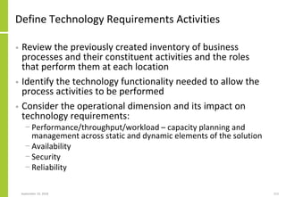 Define Technology Requirements Activities
• Review the previously created inventory of business
processes and their constituent activities and the roles
that perform them at each location
• Identify the technology functionality needed to allow the
process activities to be performed
• Consider the operational dimension and its impact on
technology requirements:
− Performance/throughput/workload – capacity planning and
management across static and dynamic elements of the solution
− Availability
− Security
− Reliability
September 24, 2018 213
 