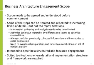 Business Architecture Engagement Scope
• Scope needs to be agreed and understood before
commencement
• Some of the steps can be iterated and repeated to increasing
levels of detail – but not too many iterations
− Information gathering and analysis needs to be time-limited
− Activities can occur in parallel by different sub-teams to optimise
elapsed time
− Always check for previously collected information and inventories to
avoid duplication
− Need to avoid analysis paralysis and move to a conclusion and set of
options quickly
• Intended to describe a structured and focussed engagement
• Suited to situations where detail and implementation structure
and framework are required
September 24, 2018 22
 
