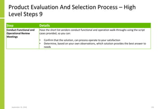 Product Evaluation And Selection Process – High
Level Steps 9
Step Details
Conduct Functional and
Operational Review
Meetings
Have the short list vendors conduct functional and operation walk-throughs using the script
cases provided, so you can:
• Confirm that the solution, can process operate to your satisfaction
• Determine, based on your own observations, which solution provides the best answer to
needs
September 24, 2018 235
 