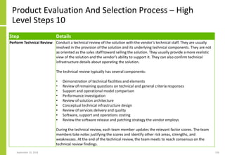 Product Evaluation And Selection Process – High
Level Steps 10
Step Details
Perform Technical Review Conduct a technical review of the solution with the vendor’s technical staff. They are usually
involved in the provision of the solution and its underlying technical components. They are not
as oriented as the sales staff toward selling the solution. They usually provide a more realistic
view of the solution and the vendor’s ability to support it. They can also confirm technical
infrastructure details about operating the solution.
The technical review typically has several components:
• Demonstration of technical facilities and elements
• Review of remaining questions on technical and general criteria responses
• Support and operational model comparison
• Performance investigation
• Review of solution architecture
• Conceptual technical infrastructure design
• Review of services delivery and quality
• Software, support and operations costing
• Review the software release and patching strategy the vendor employs
During the technical review, each team member updates the relevant factor scores. The team
members take notes justifying the scores and identify other risk areas, strengths, and
weaknesses. At the end of the technical review, the team meets to reach consensus on the
technical review findings.
September 24, 2018 236
 