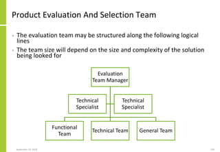 Product Evaluation And Selection Team
• The evaluation team may be structured along the following logical
lines
• The team size will depend on the size and complexity of the solution
being looked for
September 24, 2018 239
Evaluation
Team Manager
Functional
Team
Technical Team General Team
Technical
Specialist
Technical
Specialist
 