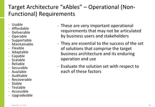 Target Architecture “xAbles” – Operational (Non-
Functional) Requirements
• Usable
• Affordable
• Deliverable
• Operable
• Supportable
• Maintainable
• Flexible
• Adaptable
• Capable
• Scalable
• Reliable
• Securable
• Available
• Auditable
• Recoverable
• Stable
• Testable
• Accessible
• Upgradeable
• These are very important operational
requirements that may not be articulated
by business users and stakeholders
• They are essential to the success of the set
of solutions that comprise the target
business architecture and its enduring
operation and use
• Evaluate the solution set with respect to
each of these factors
September 24, 2018 259
 