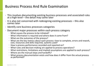 Business Process And Rule Examination
• This involves documenting existing business processes and associated rules
at a high-level – the detail may come later
• It is also not concerned with redesigning existing processes – this also
comes later
• Identify core business processes categories
• Document major processes within each process category
− What causes the process to be initiated?
− What information is required and where does it come from?
− What are the outcomes of the process?
− What are the key metrics about each process: time to complete, errors and rework,
cost, resources and skills required, systems used?
− How is process performance recorded and reported on?
− What rules and decision-making are applied to process operations?
− What restrictions, limitations and implied assumptions are applied to each process?
− Where are the manual steps and handoffs?
− What process documentation exists and how does it differ from the actual process
as performed?
September 24, 2018 52
 