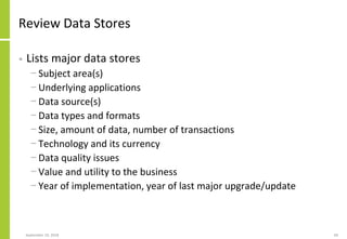 Review Data Stores
• Lists major data stores
− Subject area(s)
− Underlying applications
− Data source(s)
− Data types and formats
− Size, amount of data, number of transactions
− Technology and its currency
− Data quality issues
− Value and utility to the business
− Year of implementation, year of last major upgrade/update
September 24, 2018 69
 