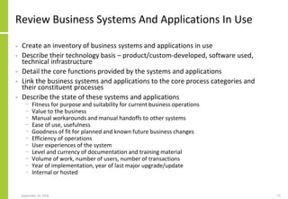 Review Business Systems And Applications In Use
• Create an inventory of business systems and applications in use
• Describe their technology basis – product/custom-developed, software used,
technical infrastructure
• Detail the core functions provided by the systems and applications
• Link the business systems and applications to the core process categories and
their constituent processes
• Describe the state of these systems and applications
− Fitness for purpose and suitability for current business operations
− Value to the business
− Manual workarounds and manual handoffs to other systems
− Ease of use, usefulness
− Goodness of fit for planned and known future business changes
− Efficiency of operations
− User experiences of the system
− Level and currency of documentation and training material
− Volume of work, number of users, number of transactions
− Year of implementation, year of last major upgrade/update
− Internal or hosted
September 24, 2018 71
 