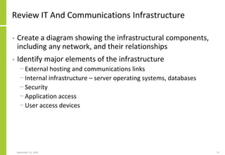 Review IT And Communications Infrastructure
• Create a diagram showing the infrastructural components,
including any network, and their relationships
• Identify major elements of the infrastructure
− External hosting and communications links
− Internal infrastructure – server operating systems, databases
− Security
− Application access
− User access devices
September 24, 2018 73
 