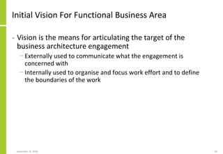 Initial Vision For Functional Business Area
• Vision is the means for articulating the target of the
business architecture engagement
− Externally used to communicate what the engagement is
concerned with
− Internally used to organise and focus work effort and to define
the boundaries of the work
September 24, 2018 83
 