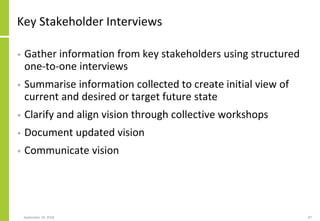 Key Stakeholder Interviews
• Gather information from key stakeholders using structured
one-to-one interviews
• Summarise information collected to create initial view of
current and desired or target future state
• Clarify and align vision through collective workshops
• Document updated vision
• Communicate vision
September 24, 2018 87
 