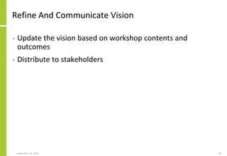 Refine And Communicate Vision
• Update the vision based on workshop contents and
outcomes
• Distribute to stakeholders
September 24, 2018 95
 