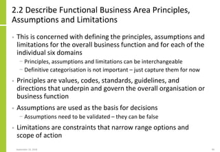 2.2 Describe Functional Business Area Principles,
Assumptions and Limitations
• This is concerned with defining the principles, assumptions and
limitations for the overall business function and for each of the
individual six domains
− Principles, assumptions and limitations can be interchangeable
− Definitive categorisation is not important – just capture them for now
• Principles are values, codes, standards, guidelines, and
directions that underpin and govern the overall organisation or
business function
• Assumptions are used as the basis for decisions
− Assumptions need to be validated – they can be false
• Limitations are constraints that narrow range options and
scope of action
September 24, 2018 99
 