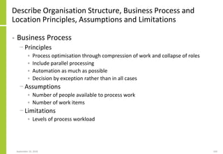 Describe Organisation Structure, Business Process and
Location Principles, Assumptions and Limitations
• Business Process
...