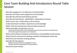 Core Team Building And Introductory Round Table
Session
• Describe engagement, its objectives and deliverables
• Describe ...