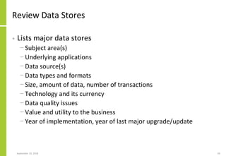 Review Data Stores
• Lists major data stores
− Subject area(s)
− Underlying applications
− Data source(s)
− Data types and...