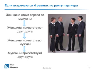 Confidential 12
Если встречаются 4 равных по рангу партнера
Женщина стоит справа от
мужчины
Женщины приветствуют
друг друга
Женщины приветствуют
мужчин
Мужчины приветствуют
друг друга
 