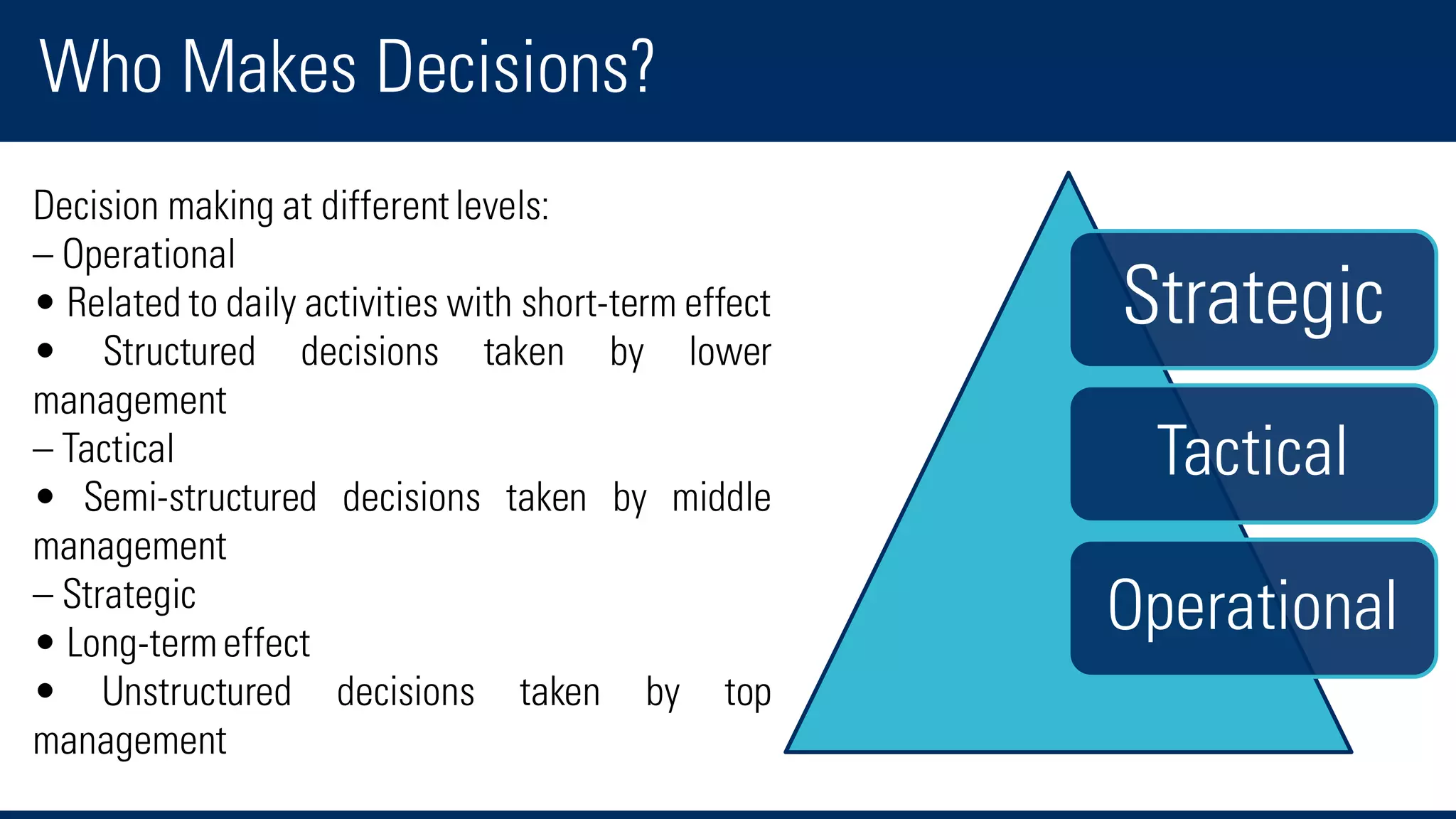 Who Makes Decisions?
Decision making at differentlevels:
– Operational
• Related to daily activities with short-term effect
• Structured decisions taken by lower
management
– Tactical
• Semi-structured decisions taken by middle
management
– Strategic
• Long-termeffect
• Unstructured decisions taken by top
management
Strategic
Tactical
Operational
 
