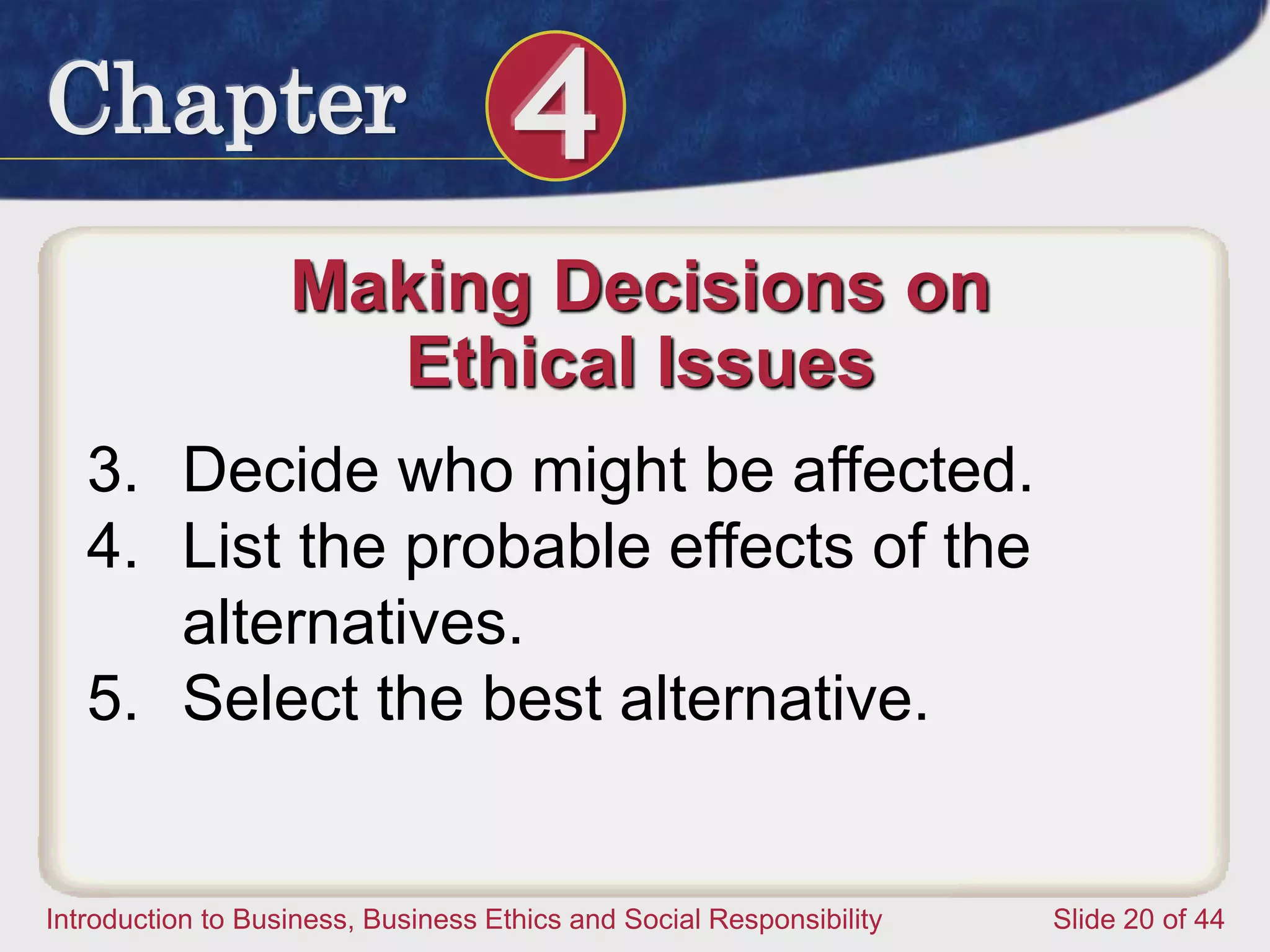 Chapter 4
Introduction to Business, Business Ethics and Social Responsibility Slide 20 of 44
Making Decisions on
Ethical Issues
3. Decide who might be affected.
4. List the probable effects of the
alternatives.
5. Select the best alternative.
 