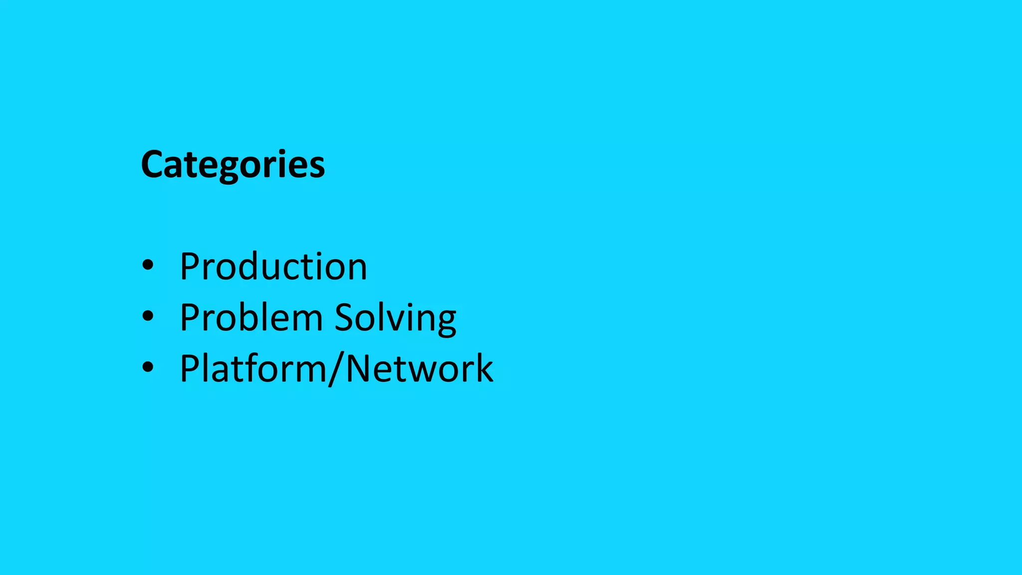 Categories
• Production
• Problem Solving
• Platform/Network
 