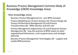 Business Process Management Common Body of
Knowledge (CBOK) Knowledge Areas
•   Nine knowledge areas
      − Business Proc...