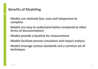 Benefits of Modelling

•   Models are relatively fast, easy and inexpensive to
    complete
•   Models are easy to underst...