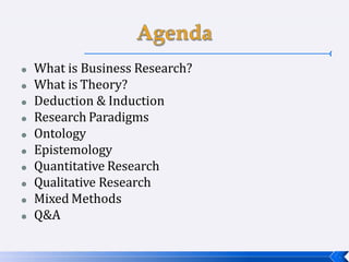  What is Business Research?
 What is Theory?
 Deduction & Induction
 Research Paradigms
 Ontology
 Epistemology
 Quantitative Research
 Qualitative Research
 Mixed Methods
 Q&A
 