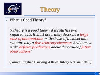  What is Good Theory?
“Atheory is a good theory if it satisfies two
requirements. It must accurately describe a large
class of observations on the basis of a model that
contains only a few arbitrary elements. And it must
make definite predictions about the result of future
observations”
(Source: Stephen Hawking, A Brief History of Time, 1988 )
 