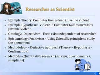   Example Theory: Computer Games leads Juvenile Violent
   Example Hypothesis: Violent in Computer Games increases
    Juvenile Violent
   Ontology: Objectivism - Facts exist independent of researcher
   Epistemology: Positivism - Using Scientific principle to study
    the phenomena
   Methodology – Deductive approach (Theory – Hypothesis -
    Confirmation)
   Methods – Quantitative research (surveys, questionnaires,
    samplings)
 