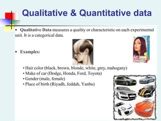 • Qualitative Data measures a quality or characteristic on each experimental
unit. It is a categorical data.
• Examples:
• Hair color (black, brown, blonde, white, grey, mahogany)
• Make of car (Dodge, Honda, Ford, Toyota)
• Gender (male, female)
• Place of birth (Riyadh, Jeddah, Yanbu)
Qualitative & Quantitative data
 