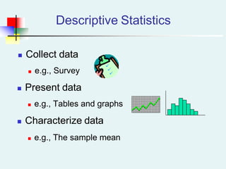 Descriptive Statistics
 Collect data
 e.g., Survey
 Present data
 e.g., Tables and graphs
 Characterize data
 e.g., The sample mean
 