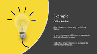 Example
Online Retailer
Goal: Maximize sales during the holiday
season.
Strategy: Introduce additional new products
during the holiday season.
Tactic: Run an advertisement campaign to
promote new products.
 