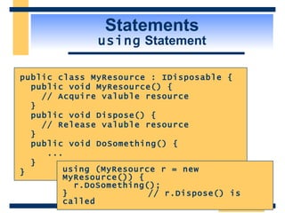 Statements using  Statement public class MyResource : IDisposable { public void MyResource() { // Acquire valuble resource } public void Dispose() { // Release valuble resource } public void DoSomething() { ... } } using (MyResource r = new MyResource()) { r.DoSomething(); } // r.Dispose() is called 