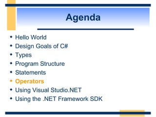 Agenda Hello World Design Goals of C# Types Program Structure Statements Operators Using Visual Studio.NET Using the .NET Framework SDK  