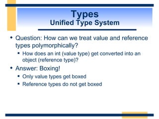 Types Unified Type System Question: How can we treat value and reference types polymorphically? How does an int (value type) get converted into an object (reference type)? Answer: Boxing! Only value types get boxed Reference types do not get boxed 