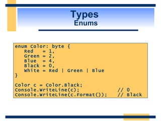 Types  Enums enum Color: byte { Red  = 1, Green = 2, Blue  = 4, Black = 0, White = Red | Green | Blue } Color c = Color.Black; Console.WriteLine(c); // 0 Console.WriteLine(c.Format()); // Black 