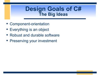 Design Goals of C# The Big Ideas Component-orientation Everything is an object Robust and durable software Preserving your investment 