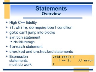 Statements Overview High C++ fidelity if ,  while ,  do  require  bool  condition goto  can’t jump into blocks switch  statement No fall-through foreach  statement checked  and  unchecked  statements Expression  statements  must do work void Foo() { i == 1;  // error } 