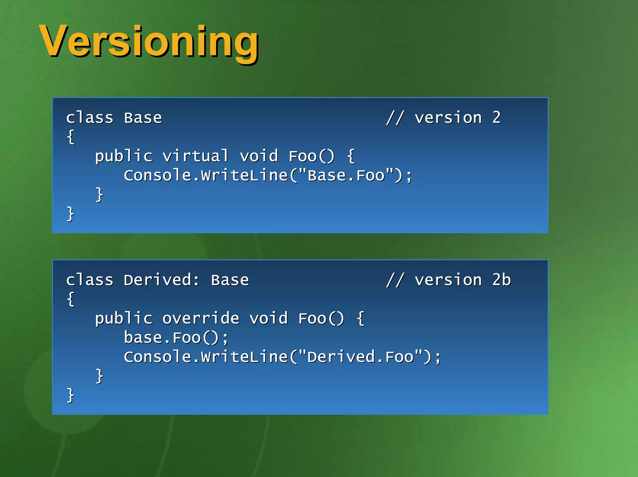 Versioning
 class Base                       // version 2
                                             1
 {
 } public virtual void Foo() {
       Console.WriteLine("Base.Foo");
    }
 }



 class Derived: Base              // version 1
                                             2b
                                             2a
 {
    new public virtual Foo() {{
    public virtual voidvoid Foo() {
           override void Foo()
       base.Foo();
       Console.WriteLine("Derived.Foo");
    } Console.WriteLine("Derived.Foo");
 } }
 }
 