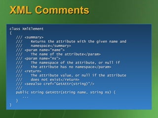 XML Comments
class XmlElement
{
   /// <summary>
   ///    Returns the attribute with the given name and
   ///    namespace</summary>
   /// <param name="name">
   ///    The name of the attribute</param>
   /// <param name="ns">
   ///    The namespace of the attribute, or null if
   ///    the attribute has no namespace</param>
   /// <return>
   ///    The attribute value, or null if the attribute
   ///    does not exist</return>
   /// <seealso cref="GetAttr(string)"/>
   ///
   public string GetAttr(string name, string ns) {
      ...
   }
}
 