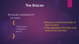 The Braces
#include <iostream.h>
int main()
{
// Declarations
// Statements
return 0;
}
Braces enclose the body of
the function
They represent the start and
end of the function
 