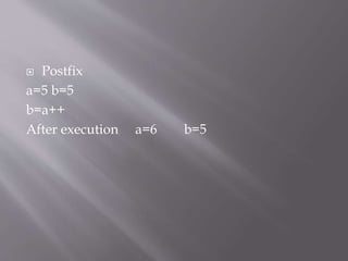  Postfix
a=5 b=5
b=a++
After execution a=6 b=5
 