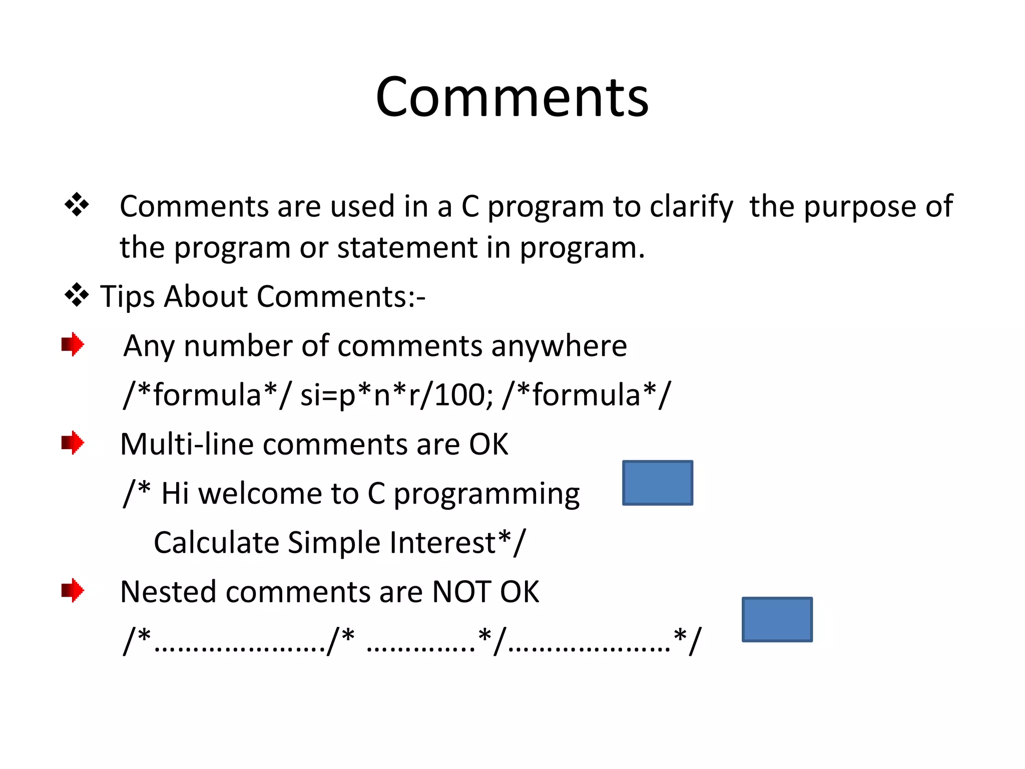  Comments are used in a C program to clarify the purpose of
the program or statement in program.
 Tips About Comments:-
Any number of comments anywhere
/*formula*/ si=p*n*r/100; /*formula*/
Multi-line comments are OK
/* Hi welcome to C programming
Calculate Simple Interest*/
Nested comments are NOT OK
/*…………………./* …………..*/…………………*/
Comments
 