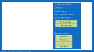 Chandubhai S Patel Intitute ofTechnology(CSPIT), CHARUSAT
Documentation Section
Link Section
Definition Section
Global Declaration Section
main() function section
{
}
Subprogram section
Declaration part
Execution part
Function 1
Function 2
…
Function n
 