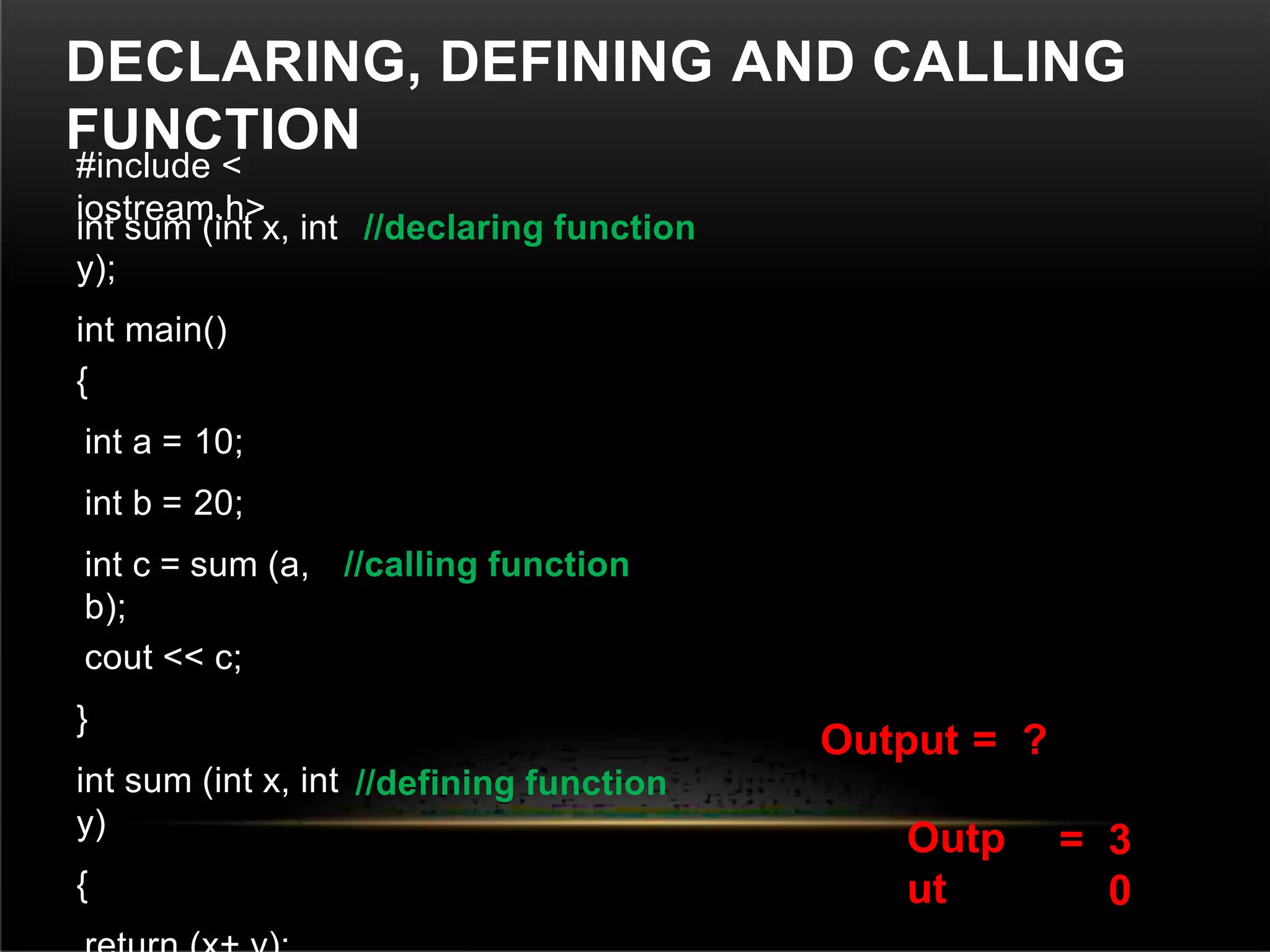 DECLARING, DEFINING AND CALLING
FUNCTION
#include <
iostream.h>
int sum (int x, int
y);
int main()
//declaring function
{
int a = 10;
int b = 20;
int c = sum (a,
b);
//calling function
cout << c;
}
int sum (int x, int
y)
{
//defining function
Output =
Outp
ut
?
= 3
0
 