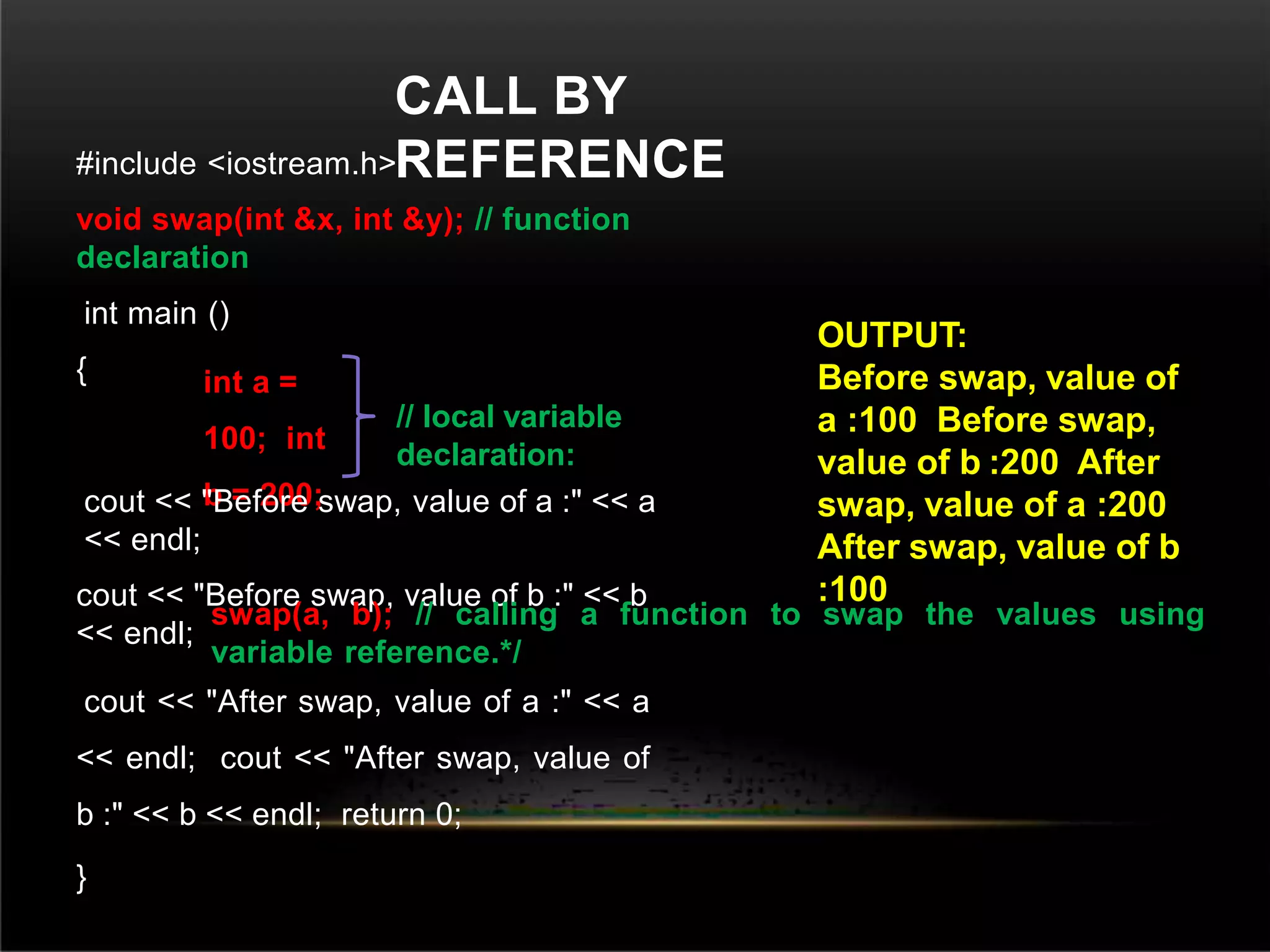 CALL BY
REFERENCE
#include <iostream.h>
void swap(int &x, int &y); // function
declaration
int main ()
{ int a =
100; int
b = 200;
cout << "Before swap, value of a :" << a
<< endl;
cout << "Before swap, value of b :" << b
<< endl;
swap(a, b); // calling a function to swap the values using
variable reference.*/
cout << "After swap, value of a :" << a
<< endl; cout << "After swap, value of
b :" << b << endl; return 0;
}
// local variable
declaration:
OUTPUT:
Before swap, value of
a :100 Before swap,
value of b :200 After
swap, value of a :200
After swap, value of b
:100
 