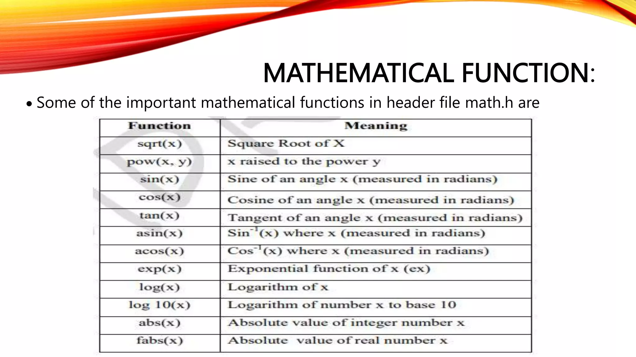 MATHEMATICAL FUNCTION:
 Some of the important mathematical functions in header file math.h are
 