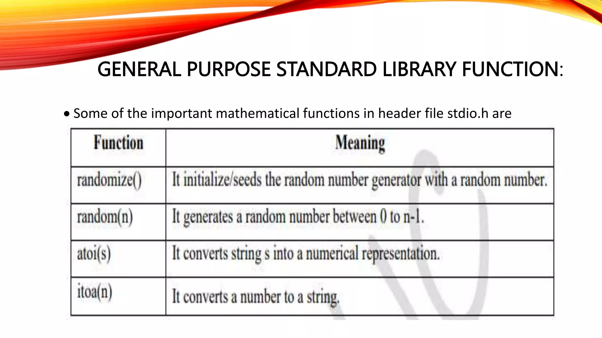 GENERAL PURPOSE STANDARD LIBRARY FUNCTION:
 Some of the important mathematical functions in header file stdio.h are
 